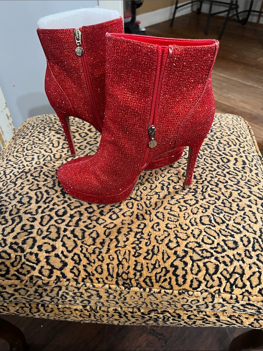 Thalia Sodi Red Glitter Stiletto Ankle Boots
